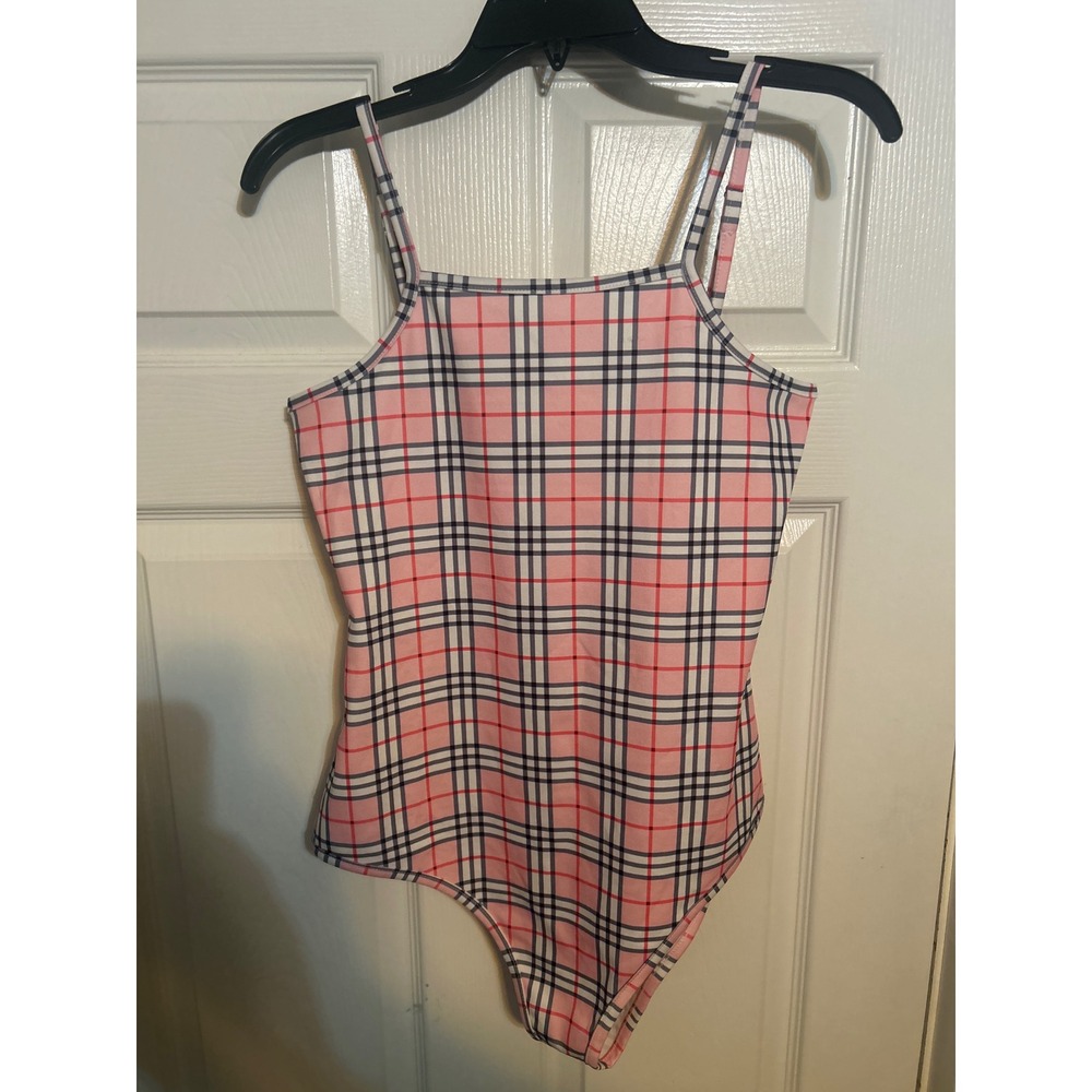 Romwe Pink‎ Plaid Bodysuit Sleeveless Spaghetti Strap Square Neck Top Size M 6